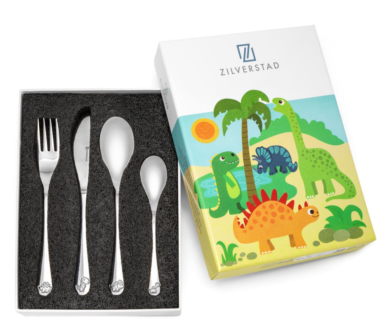 Kinderbestek van hoogwaardig 18/10 RVS met afbeeldingen van dinosaurussen. De set is vaatwasmachinebestendig en bestaat uit een vork, mes, lepel en paplepeltje. De eerste hapjes waren nog nooit zo leuk!